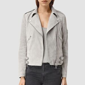 ALL SAINTS Sky Blue Suede Moto Jacket NWOT Sz 2